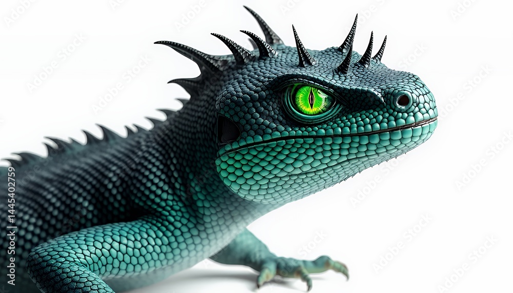 Teal Blue Fantasy Lizard with Green Eyes Isolated on White Background Digital Illustration