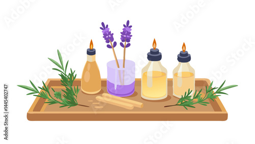 Set of herbal oils and lavender bottles in natural setting