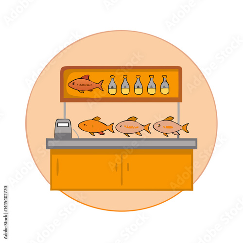 Fish counter with fresh seafood and bottles