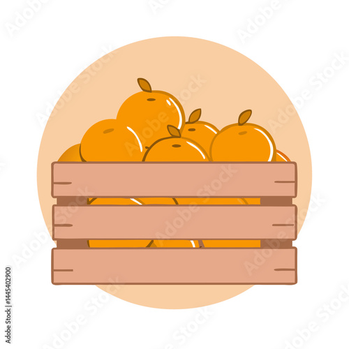 Wooden crate with oranges on pastel background