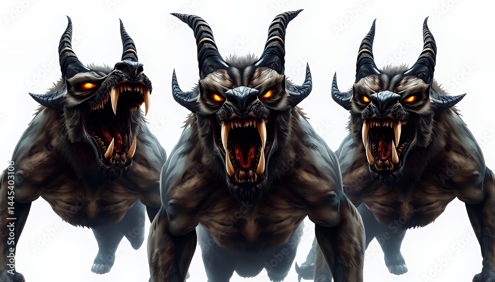 Three Scary Brown Fantasy Hounds Isolated on White Background with Sharp Teeth Glowing Eyes and Black Horns Featuring a Flat Design Perfect for Mysterious or Halloween Theme Projects