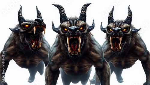 Obraz na płótnie Three Scary Brown Fantasy Hounds Isolated on White Background with Sharp Teeth Glowing Eyes and Black Horns Featuring a Flat Design Perfect for Mysterious or Halloween Theme Projects w salonie