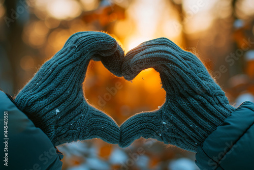 A womans hands wearing winter gloves form a heart symbol, representing the concepts of lifestyle and feelings, against the backdrop of a sunset lit nature scene   