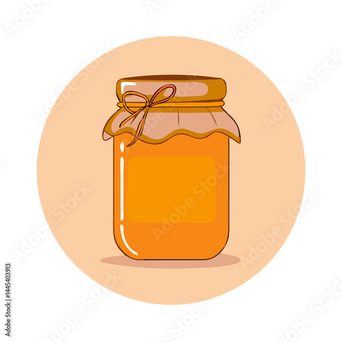 Glass jar of orange jam on circular beige background