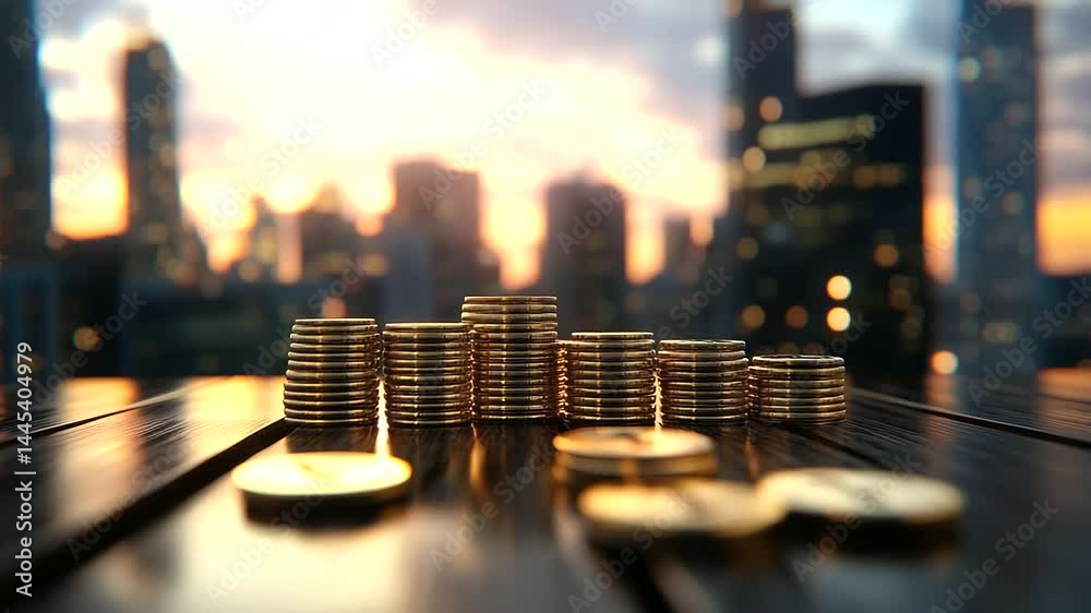 Golden stacks arranged diagonally across desk, cityscape fading into horizon light. Symbol of financial resilience and return strategy.