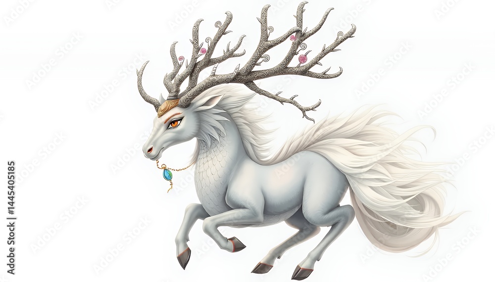 White Fantasy Beast with Branch Antlers on White Background Animal Illustration