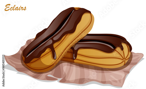 Eclairs Served on Parchment Paper. Chocolate Glazed Choux Pastry - Traditional French Dessert Vector Art
