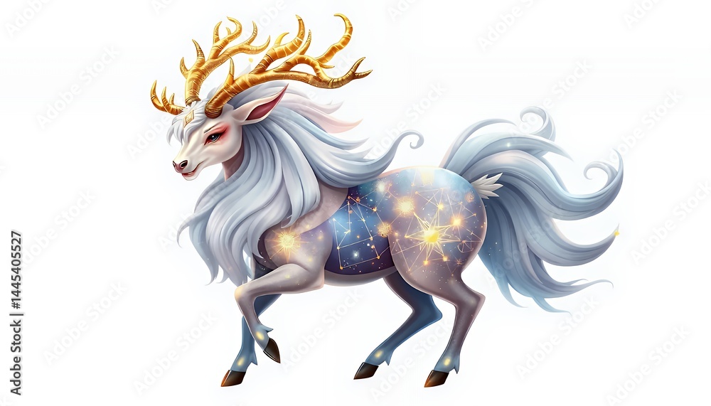 White Starry Beast with Golden Antlers Fantasy Illustration Isolated on White Background Creature with Flowing Mane and Starry Patterns Perfect for Fairytale Magical Theme