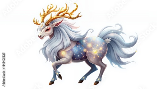 Obraz na płótnie White Starry Beast with Golden Antlers Fantasy Illustration Isolated on White Background Creature with Flowing Mane and Starry Patterns Perfect for Fairytale Magical Theme w salonie