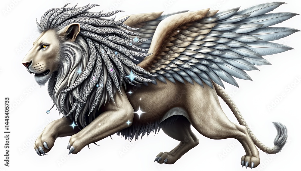 Winged Lion White Fur Mane Sparkling Wing Illustration Flat Design Isolated on White Background Mystical Beast Clipart Creature Monster Animal Fairy Tale Magic Mythology Legend