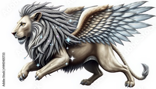 Obraz na płótnie Winged Lion White Fur Mane Sparkling Wing Illustration Flat Design Isolated on White Background Mystical Beast Clipart Creature Monster Animal Fairy Tale Magic Mythology Legend w salonie
