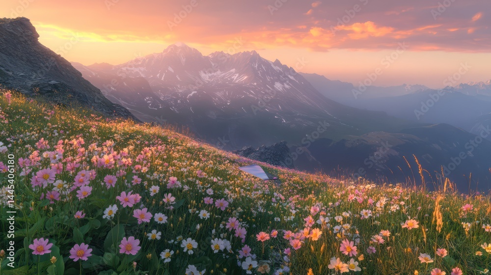 mountain ridge covered wildflowers, soft pink orange hues dawn stretching across sky, perfectly placed yogmat mountain ridge covered wildflowers, soft pink orange hues dawn stretching across sky, perfectly placed yogmat