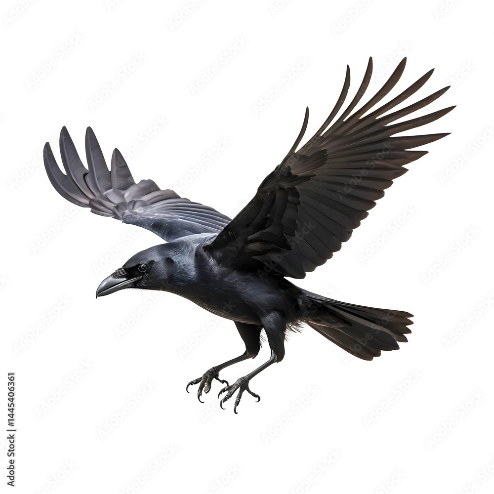 Fototapeta premium Black Crow in Flight, Isolated on White