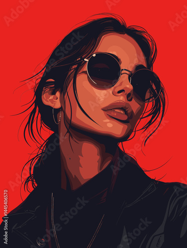 Beautiful girl in black leather jacket and sunglasses. Vector illustration.