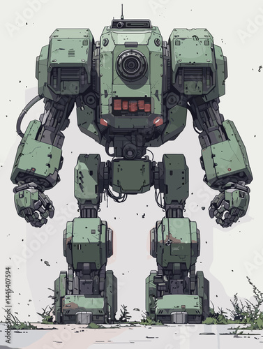 Vector illustration of an old green robot isolated on a white background.
