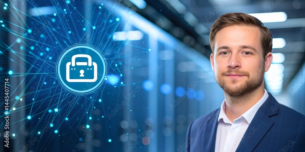 Fototapeta premium Professional Male with Data Security Concept in Modern Server Room Setting