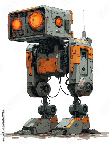 Vector illustration of an old rusty robot isolated on a white background.
