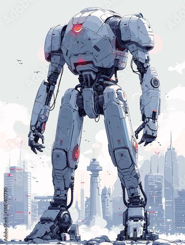 Futuristic robot in a city. Vector illustration of a futuristic robot.