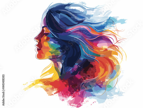 Illustration of a beautiful woman with abstract watercolor background. Vector illustration.