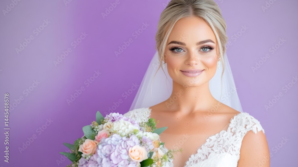 Naklejka premium Bride with Bouquet and Veil, Elegant Bridal Style, High-Definition Soft Lighting, Portrait Close-Up, Lace Detailing, Posing Calmly, Lavender Background, Soft Pink Hues, Perfect for Wedding Ads