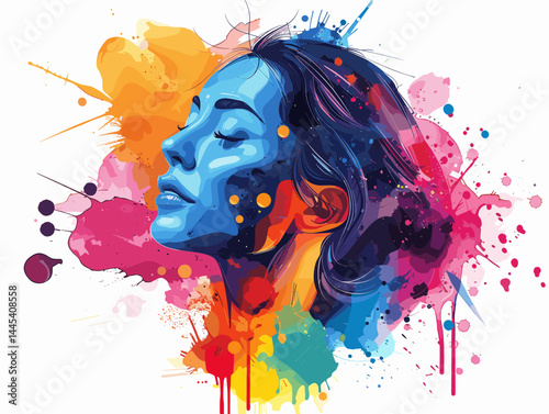 Beautiful woman face with colorful paint splashes. Vector illustration.