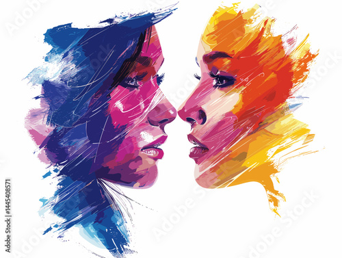 Double exposure portrait of woman and man. Colorful vector illustration.