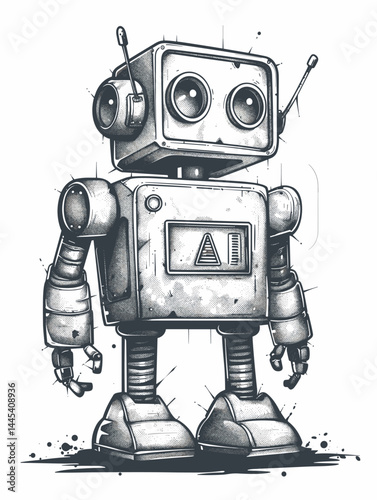 Cartoon robot hand drawn vector illustration. Cute vintage robot.