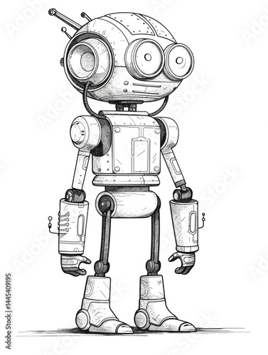 Cartoon robot hand drawn vector illustration. Cute vintage robot.