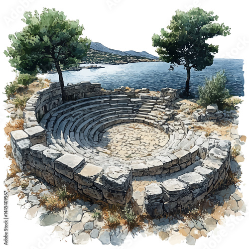 Ancient Amphitheater In Delphi, watercolor vector, isolated on a white background.