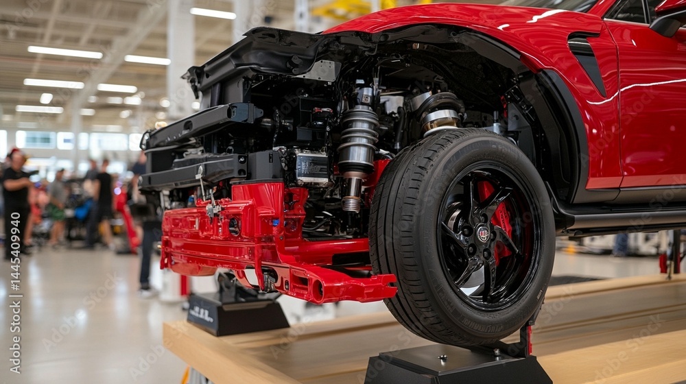 Red car chassis on lift in auto manufacturing plant. Red car chassis on lift in auto manufacturing plant.