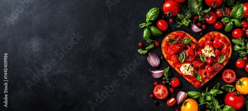 A colorful arrangement of fresh ingredients forming a heart shape, featuring tomatoes, basil, and cheese on a dark background, symbolizing love for food.