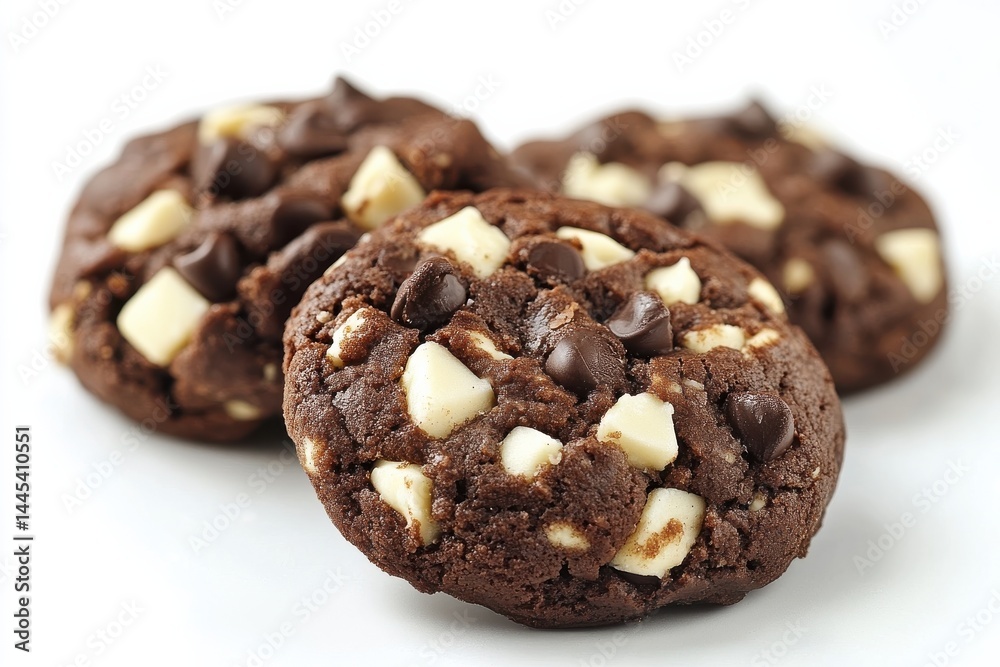 Delicious double chocolate cookies with white chocolate chunks close up shot showing rich texture Delicious double chocolate cookies with white chocolate chunks close up shot showing rich texture