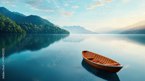 Tranquil wooden boat floating on a calm lake surrounded by misty mountains.
