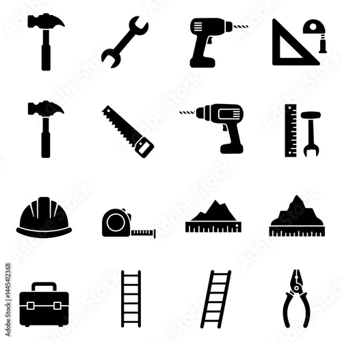 Construction Tool Icons Aligned in Solid Black on White Background for Engineering and Building Visual Projects