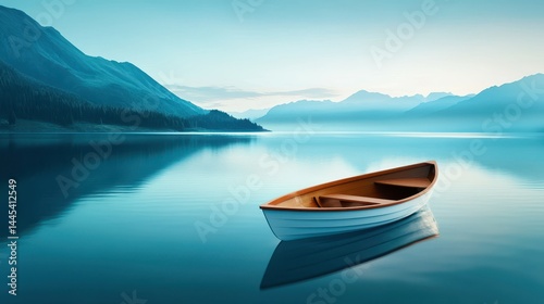 Lone wooden boat drifting peacefully on a tranquil blue lake surrounded by mountains.