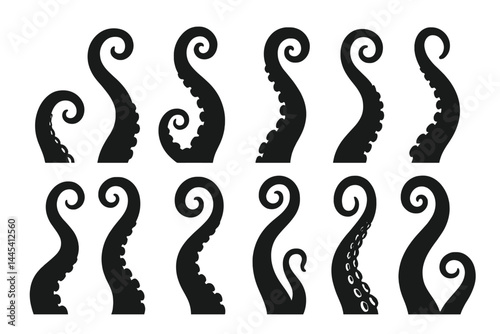 Various vector icons of octopus tentacles in stylized black designs for creative projects and illustrations