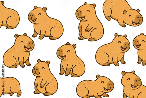 Cute vector icons of smiling cartoon wombats in various poses on a light background