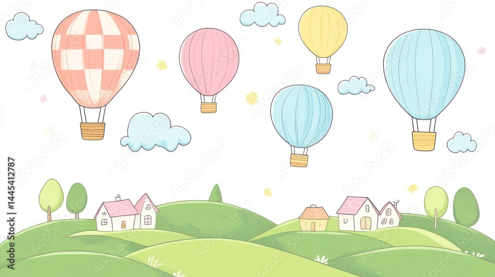 Fototapeta premium Cute cartoon hot air balloons over a landscape of small houses and hills. Perfect for children's books, greeting cards, or a wallpaper