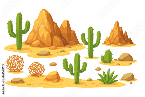 Vector icon set showcasing desert landscape elements including cacti, rocks, and sandy terrain suitable for various design projects