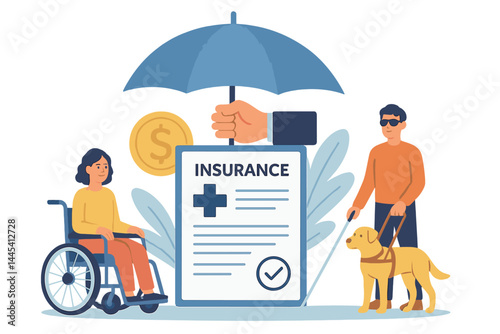 Insurance coverage for people with disabilities and service animals in modern illustration