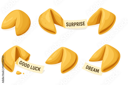 Vector icon of fortune cookies with messages conveying good luck, surprise, and dreams in a playful arrangement
