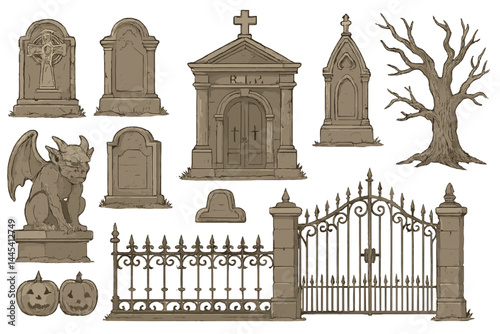 Vector icon set featuring graveyard elements with tombstones, a gate, a tree, and other symbols of Halloween