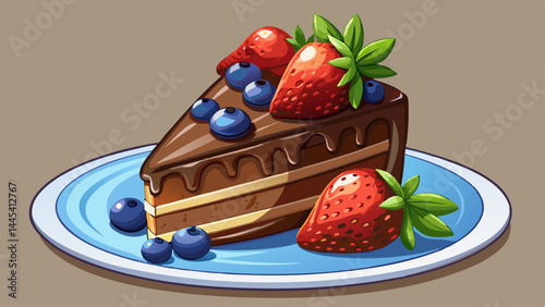A rich slice of chocolate cake rests on a clean plate.
Juicy strawberries and plump blueberries add vibrant color.
The glossy topping shines with sweet indulgence.
Isolated on transparent background, 