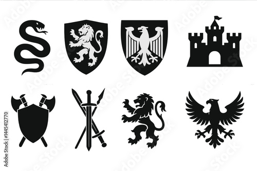 Vector icons representing medieval symbols of power and strength featuring various shields and animals