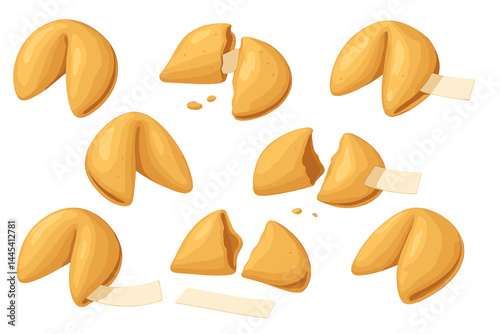Vector icon collection of fortune cookies with messages and broken pieces showcasing their unique shapes and designs