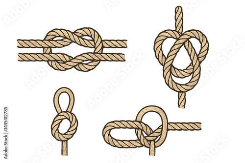 Various types of knots illustrated as vector icons showing different knot techniques and their practical applications in everyday activities
