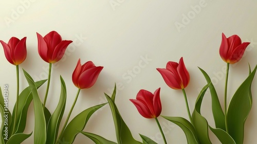 Simple elegant row of vibrant red tulips with lush green leaves on a plain light background perfect for floral and sp themes