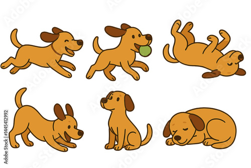 Cute vector illustrations of playful dogs engaged in various activities like running, rolling, and resting at any time of the day