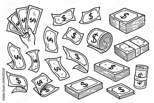 Vector icon collection depicting various money forms including bills, stacks, and rolled cash in a simple illustrative style