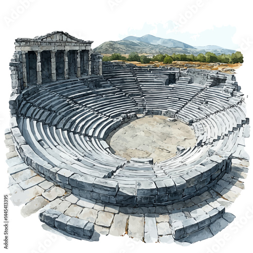 Ancient Amphitheater In Delphi, watercolor vector, isolated on a white background.
